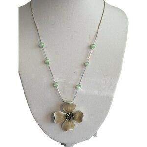 Vtg Silver Tone Chain Necklace Green Cat Eye Beads Flower Enamel Pendant Estate